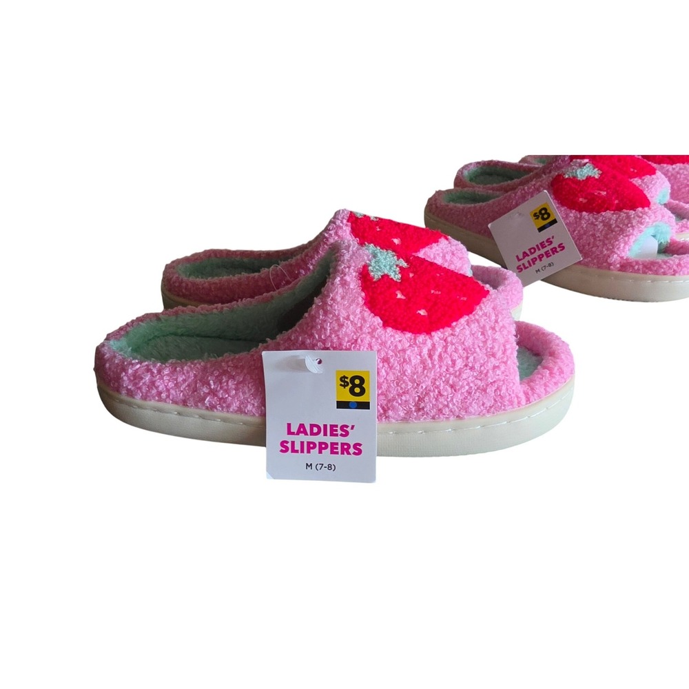 Pink Strawberry Sherpa Slide Slippers Women Medium 7-8 Fruit Applique New